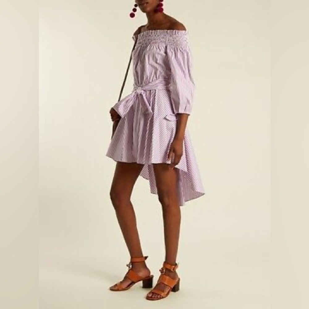 CAROLINE CONSTAS Lou off the shoulder purple/white striped high-low dress Size M